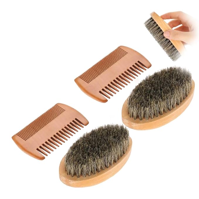 Beard Comb and Beard Brush Set for Men,Beardmustache Combs Boar Brush Shaving Cleaning Grooming Kit for Grooming Mustaches Facial Hair