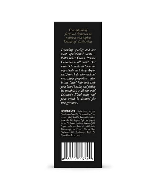 Cremo Beard Oil, Distiller's Blend (Reserve Collection), 1 fl oz - Restore Natural Moisture and Soften Your Beard To Help Relieve Beard Itch