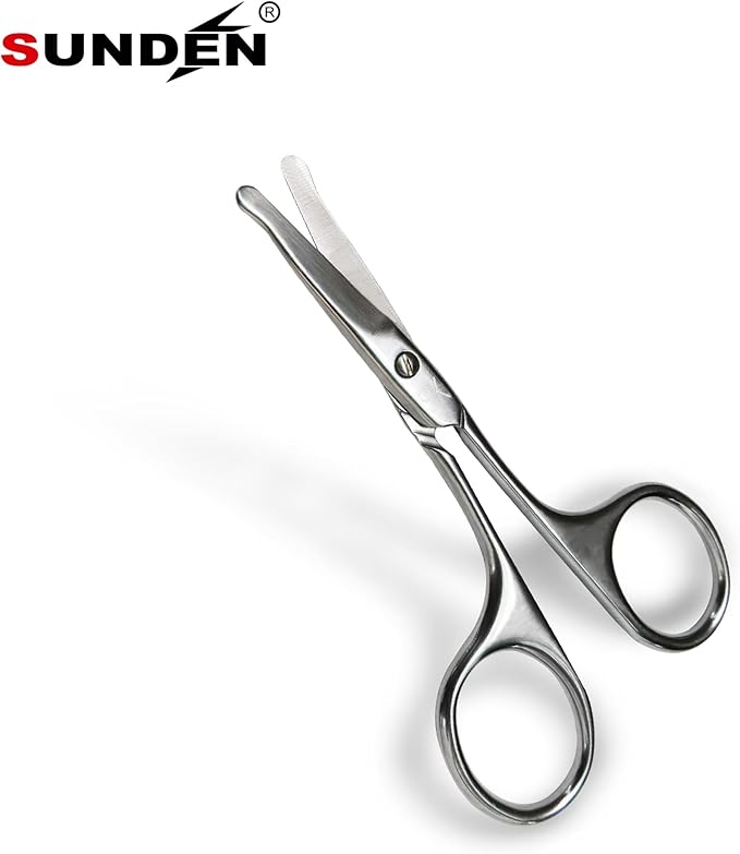 Precision Trim Silver Nose and Facial Hair Scissors with Straight Safety Blades, Rounded Tips for Gentle and Precise Grooming of Nose, Ear, and Eyebrow Hair SUNDEN SD1251