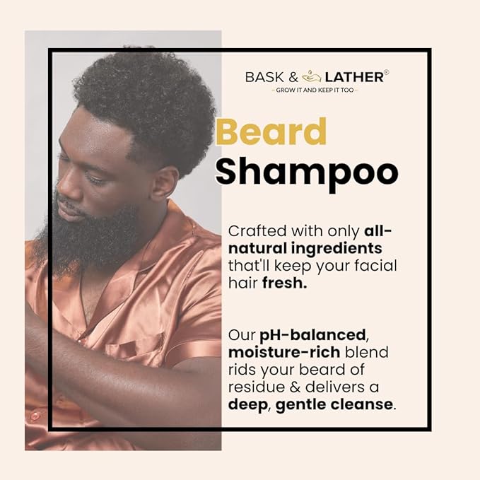 BASK & LATHER Beard Shampoo for Men, Beard Wash Gently Deep Cleans and Removes Buildup for All Hair Types, Conditioning & Hydrating Beard Care with Natural Ingredients, Sulfate Free, 6 fl oz