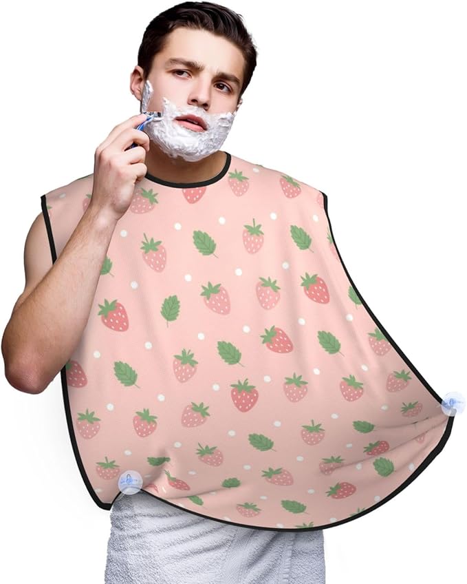 Waterproof Beard Trimming Bib, Non-Stick Hair Catcher for Men Shaving, Grooming Apron for Husband Dad, Cute Pink Strawberry Polka Dot Shave Bib