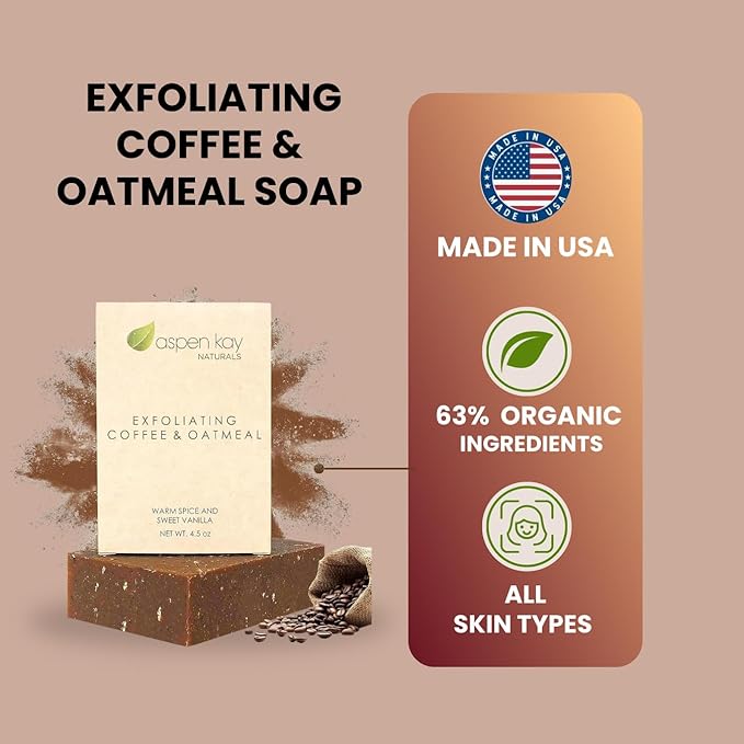Aspen Kay Naturals Coffee & Oatmeal Exfoliating Soap, Natural and Organic Coffee Scrub. With Organic Shea Butter & Pure Essential Oils. A Wonderful Oatmeal Soap, For Men & Women. (6 pack)