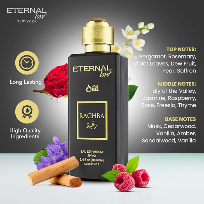 Eternal Love Raghba Oud - Long Lasting Unisex Eau de Parfum - Spicy Floral Oriental Fragrance with Oud & Vanilla - Dubai Inspired Arabic Scent - 3.4oz