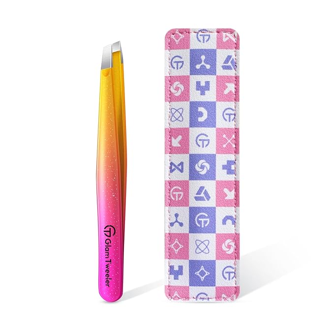 Expert Eyebrow Hair Removal Tweezer with Leather Case, GlamTweeler High Precision Slant Tip Stainless Steel Tweezers for Men and Women (Sparkle Fuchsia & Yellow)