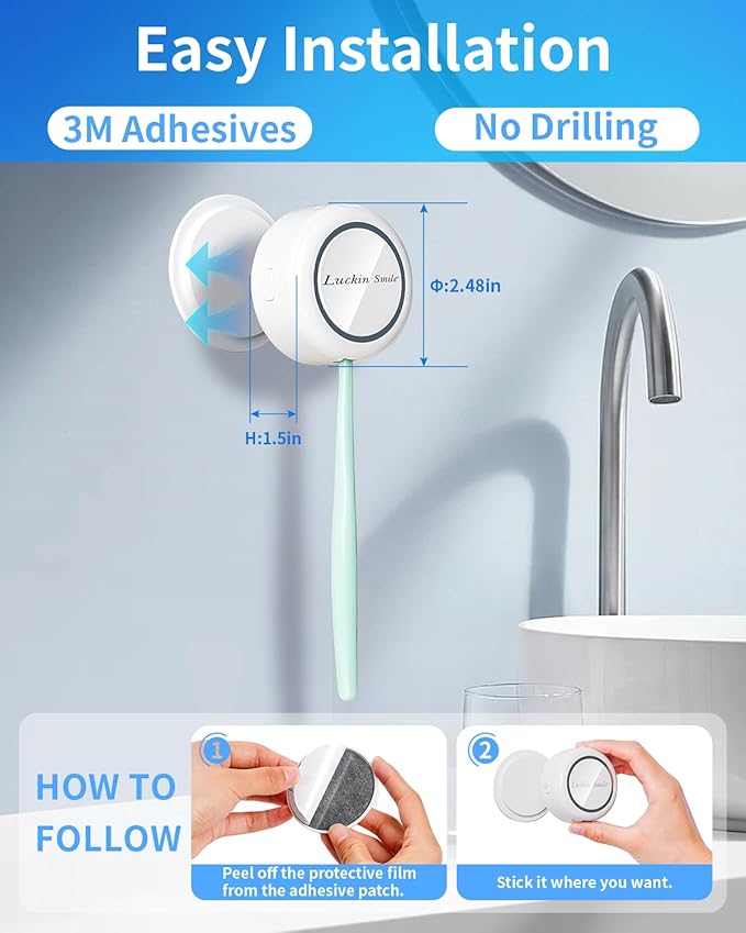 UV Toothbrush Sanitizer for Bathrooms, Single Toothbrush Sanitizer, Wall Mounted Tooth Brush Sanitizer Holder with Fan Drying, No Drilling (White)