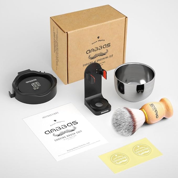Anbbas 4IN1 Shaving Brush Set,Nylon Bristles Wood Handle and Stainless Steel Soap Bowl,ABS Wall Mounted Shaving Holders for Brush and Bowl for Men Wet Shave