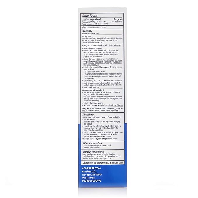 Acne Free Adapalene Gel 0.1%, Once-Daily Topical Retinoid Acne Treatment, Dermatologist Developed, Unclogs Pores and Clears Acne, Prevents and Improve Whiteheads and Blackheads, 1.6 Ounce