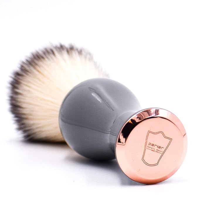 Parker Premium Synthetic Bristle Shaving Brush with Stand - Super Soft Bristles for Sensitive Skin - Deluxe Gray and Rose Gold Handle - Shaving Brush for Men & Women