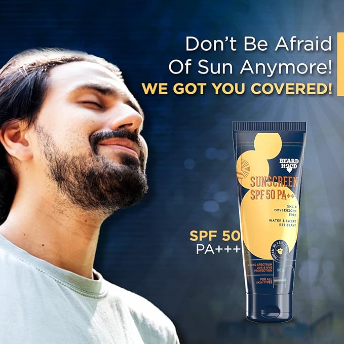 Beardhood SPF 50 PA+++ Sunscreen For Men | Non Greasy, Water & Sweat Resistant | OMC & Oxybenzone Free | Suitable for all Skin Types, 50g