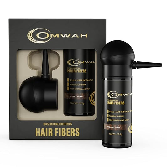 OMWAH Hair Fibers for Thinning Hair Men - 2-in-1 Kit 27.5g, Hair Building Fibers & Spray Applicator, Natural Thick Hair Filler, Conceals Hair Loss (Medium Brown, 27.5g)