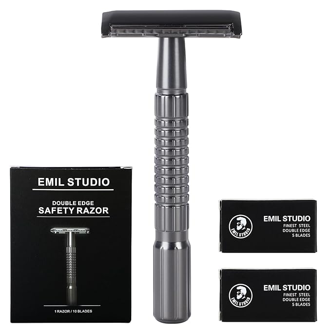 CLASSIC Double Edge Safety Razor with NONSLIP Handle, 10 Swedish Platinum Coated Blades Refills