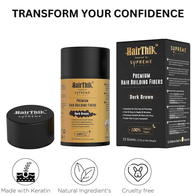 Supreme Trimmer Hair Building Fibers - Instantly Fill in Fine or Thinning Hair for Thicker, Natural, Fuller-Looking Hair for Men & Women – Hair Thinning & Balding Solution | Dark Brown, 15 Grams