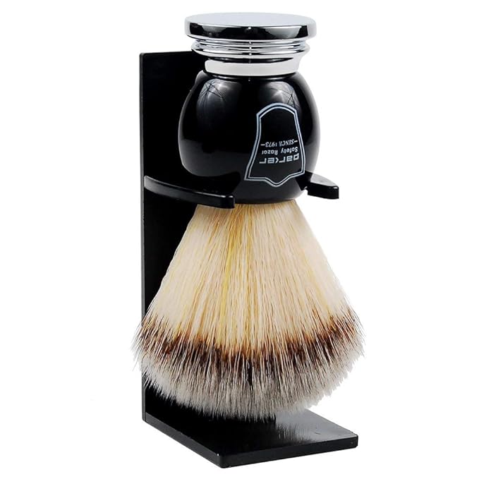 Parker Deluxe Synthetic Silvertip Shaving Brush – 22 mm Ultra‑Soft Knot, Chrome & Black Handle + Acrylic Stand for Proper Drying