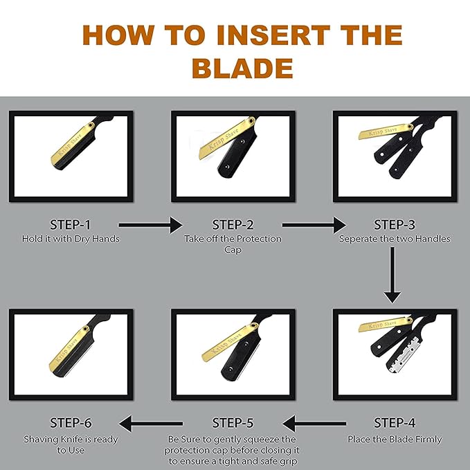 Professional Straight Razors For Men, Barber Razors, Straight Edge Razor Kit For Close Shaving - Beard Cut Throat Straight Razor Safety Shavette - 10 Shaving Blades By Krisp Beauty (Black/Gold)