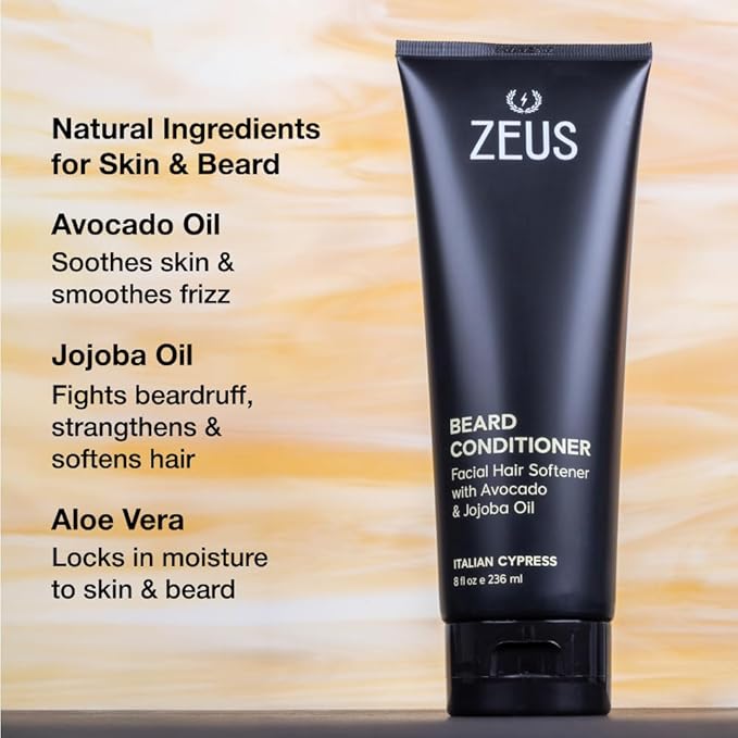 ZEUS Beard Conditioner for Men with Avocado, Jojoba Oil & Aloe Vera, Deep Cleansing Hydration for Softer Facial Hair (Made in USA) Italian Cypress