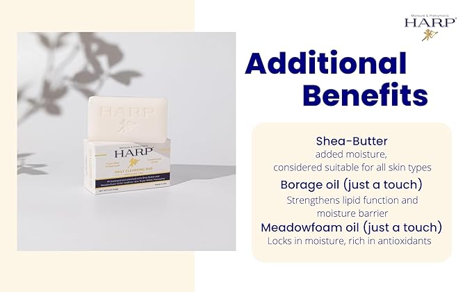 HARP pH-Balanced (5.0-6.0) Body Wash Bar. 100% Syndet. Protects Moisture Barrier For Sensitive, Dry or Irritated skin. + Shea Butter/Borage Oil. Non-Comedogenic. FRAGRANCE FREE