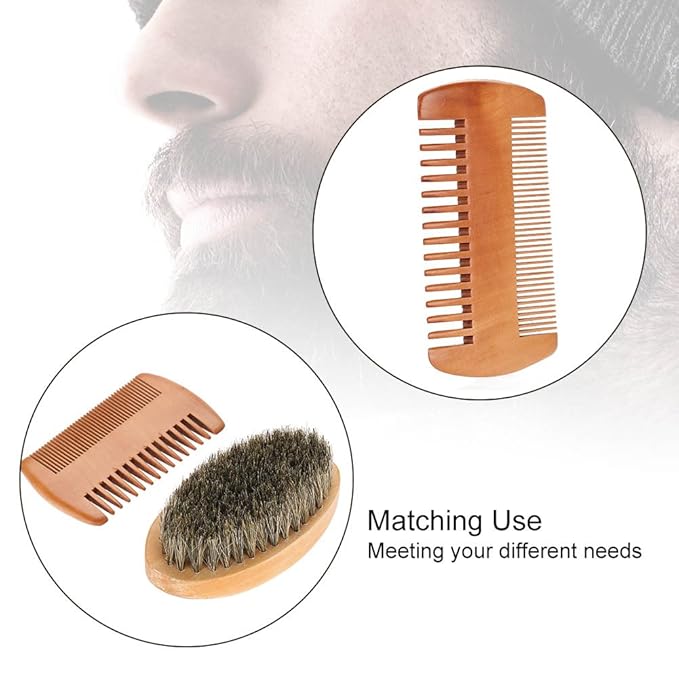 Beard Brush and Comb Set, Boar Beard Brush and Handmade Wooden Comb Mustache Shaving Cleaning Grooming Kit for Men