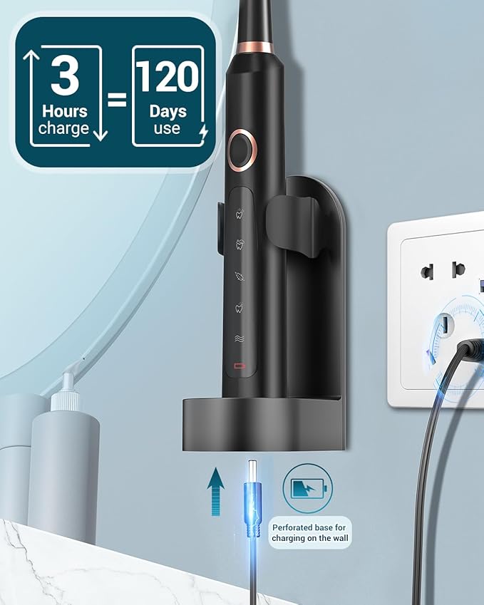 Rtauys M5 Electric Toothbrush for Adults - Sonic Electric Toothbrush for Kids and Adults with 8 Brush Heads & Travel Case, 120 Days Battery Life - Black