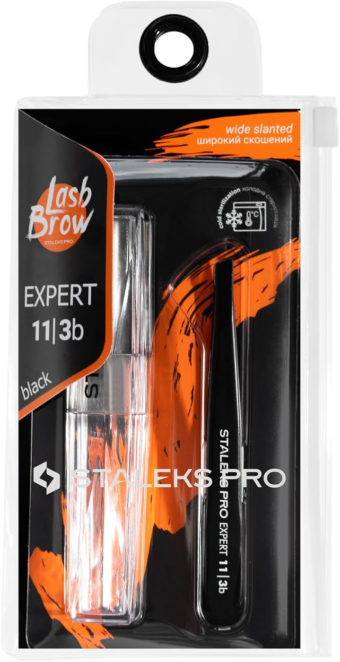 STALEKS PRO Expert 11 Type 3b Professional Eyebrow Tweezers (Black) – Wide Beveled Stainless Steel for Thick Brows & Effective Hair Removal