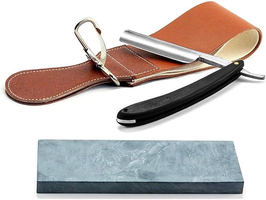 Grandslam Pro Natural Wooden Handle 420 Steel Straight Razor, 2 Layers Long Leather Canvas Strop, Sharpening Stone,2 Side Grit 3000 Waterstone Knife Sharpener