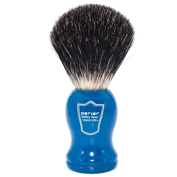 Parker 100% Black Badger Shaving Brush with Blue Wood Handle & Stand – Premium Wet‑Shaving Lather Brush for Men