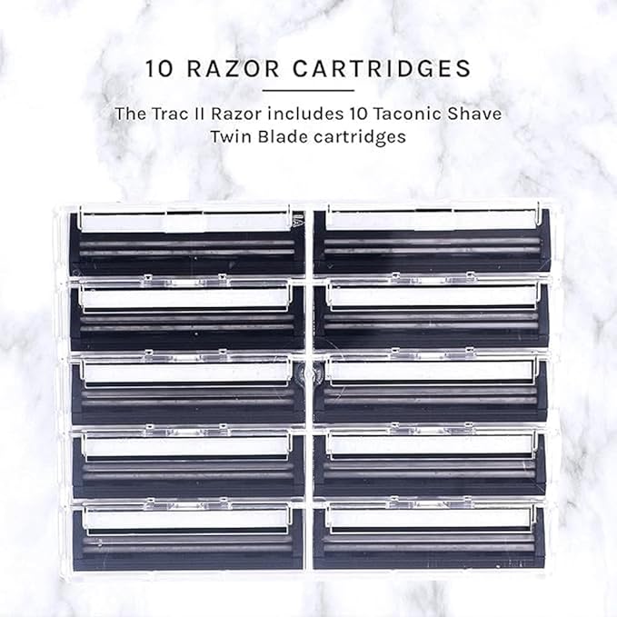 Taconic Shave, Heavyweight All Metal Non-Pivoting Twin Blade Cartridge Razor Compatible with GIllette Trac II, Personna, and Taconic Refills - 10 Cartridges Included
