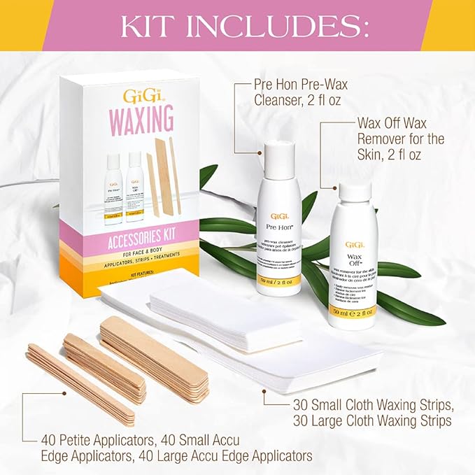 GiGi Waxing Accessories Kit - Non-Woven Wax Strips, Applicators Sticks & Treatments for Face & Body Hair Removal - Pre & Post Wax Care