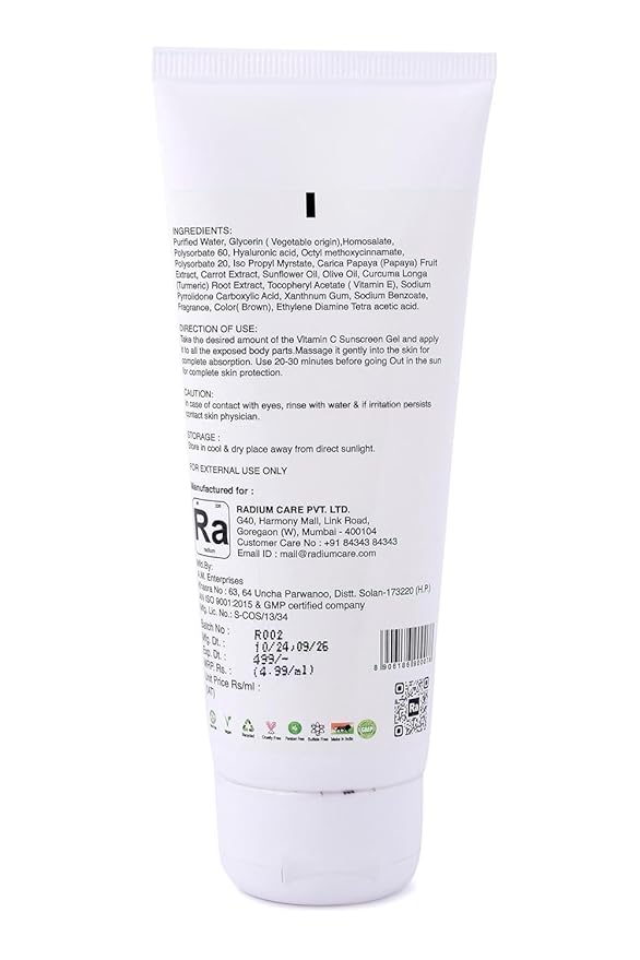 Vitamin-C Gel Sunscreen Transparent | SPF 60 | PA+++ | Ultra Protection | Dermatologically Tested | Improves Skin, Refreshing & Non-greasy | All Skin Types | Men & Women | 100ml