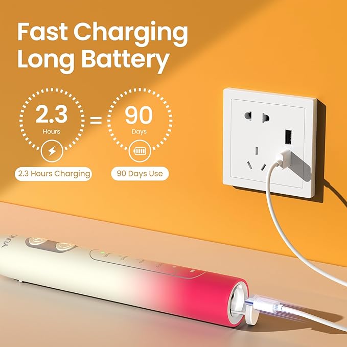 YUNCHI Sonic Electric Toothbrush, Electric Toothbrush for Adults and Kids, Rechargeable Battery Toothbrushes, 4 Brush Heads, 2 Min Timer, IPX7 Waterproof, 5 Modes, Red Yellow Gradient