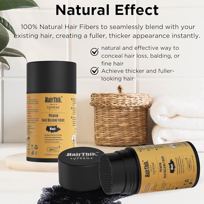 Supreme Trimmer Hair Building Fibers - Instantly Fill in Fine or Thinning Hair for Thicker, Natural, Fuller-Looking Hair for Men & Women – Hair Thinning & Balding Solution | Black, 15 Grams