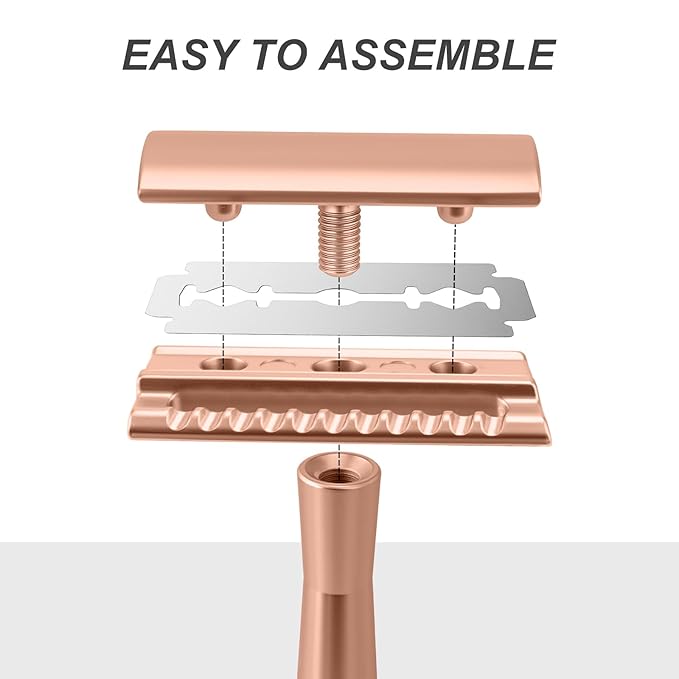 Safety Razor with Stand for Men & Women - Double Edge Single Blade Razor, One Blade Razor with 10 Blades & Metal Stand - Reusable Mens & Womens Shaving Razor (Complete Kit)-Rose gold