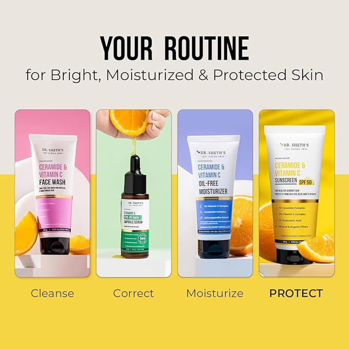 Dr. Sheth's Ceramide & Vitamin C Sunscreen SPF 50+ PA+++ | One Step Routine for Summer | For Women & Men | UVA UVB Sun Protection | 1.76 Oz / 50g