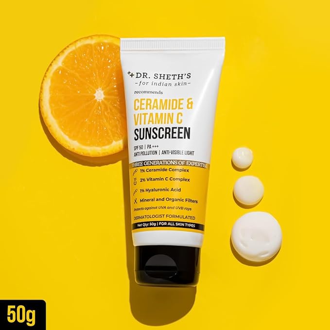 Dr. Sh.eth's Ceramide & Vitamin C Sunscreen | SPF 50+ Pa+++ | In-Vivo Tested | For Bright Skin & Healthy Glow | UVA/B & Bluelight Protection | For Men & Women | For All Skin Type | 50 g