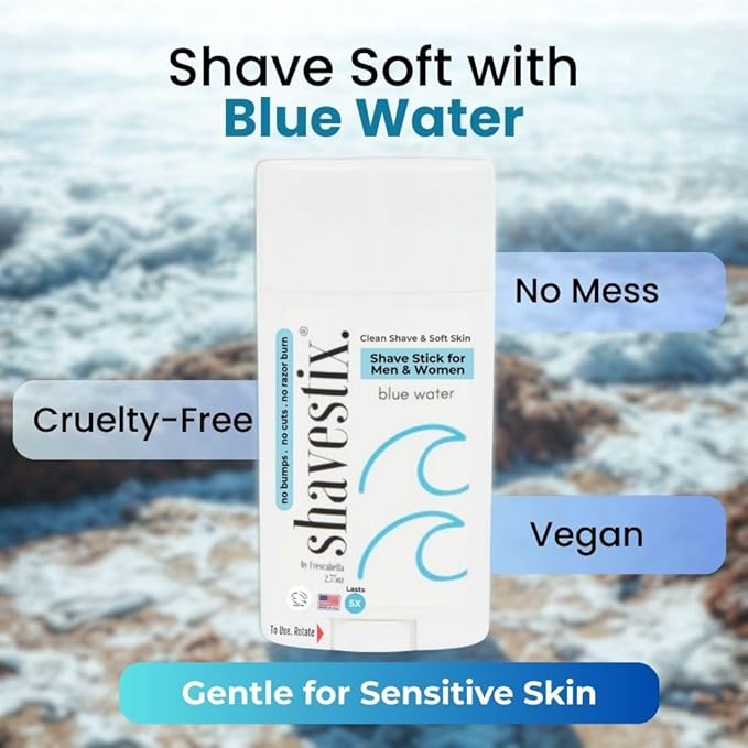 Travel Shaving Cream Stick 2.75 Oz | Blue Water Scented Coconut Based Razors, Shavers Friendly Hair Removal Cream Bar | Shavestix Shave Stick Sub Foam, Gel, Soap, Shaving Cream Women, Men