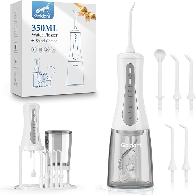350ML Water Dental Flosser Teeth with Stand Convenient Storage, 5 Modes Portable Cordless Oral Irrigator, Electric Rechargeable IPX7 Waterproof for Home Travel Teeth Cleaning (White)