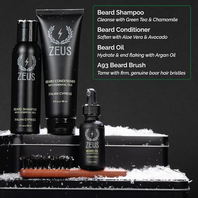 ZEUS Holiday Beard Care Gift Set for Men, Complete Grooming Kit with Beard Wash, Oil, Mustache Wax, Comb & Brush in Metal Tin, Great Gift for Husband, Dad & Boyfriend (Limited Edition)