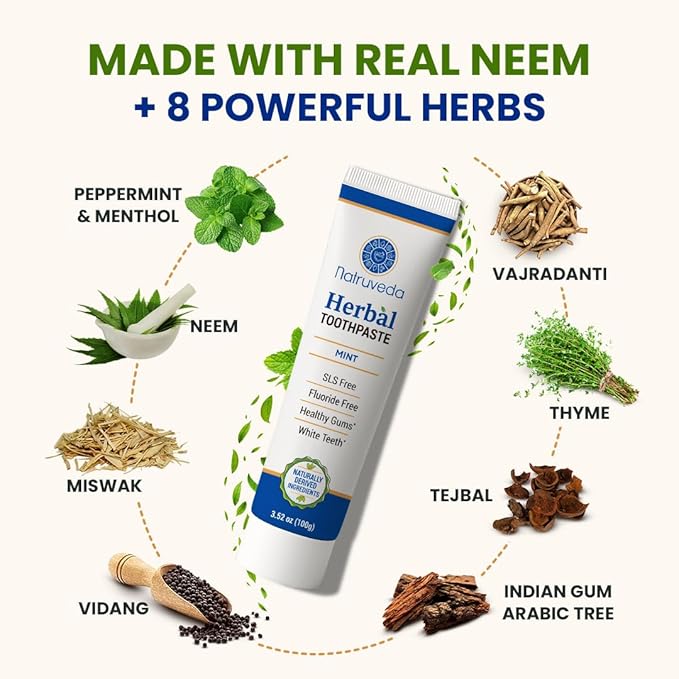 Natruveda Neem Herbal Toothpaste with Complimentary Copper Tongue Scraper | Fluoride Free, SLS Free, Natural Toothpaste for Adults | Ayurvedic Oral Care with Miswak | 3.52 oz (2 Pack)