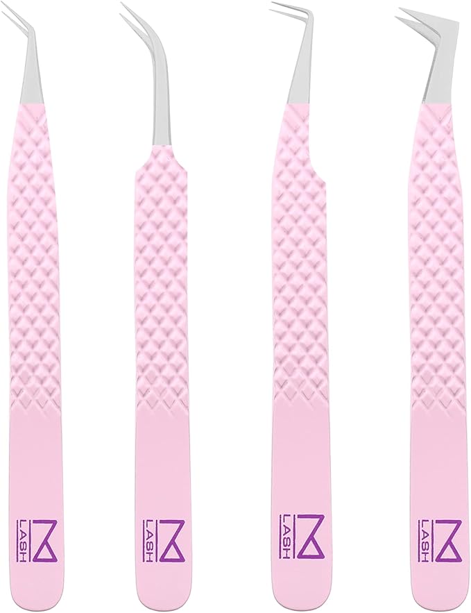 M LASH Tweezers for Eyelash Extensions (Set of 4) - Professional Lash Extension Tweezers - Fiber Tip, Japanese Steel, Diamond Grip Eyelash Extension Tweezer set (Lilac)