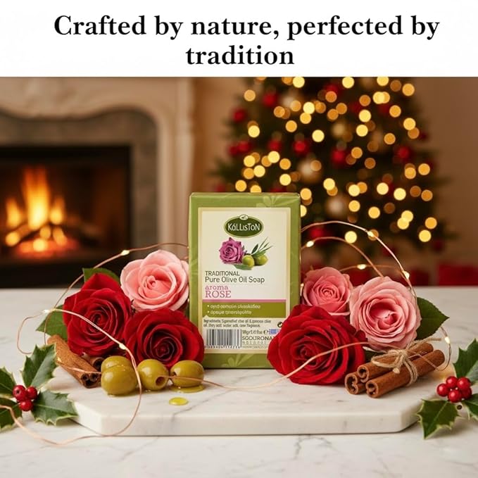 Kalliston, Rose Soap made with Pure Olive Oil, Rose Extract, All Natural for Smooth Skin, Hypoallergenic, Cruelty Free, Crafterd in Ancient Crete, Greece, Pack of 4