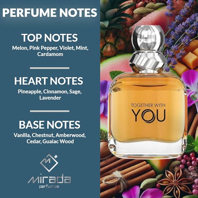 MIRADA Together With You, Men's Eau de Parfum (EDP) 3.4 FL. Oz (100ml), Men’s Perfume with Notes of Melon, Pink Pepper, Violet, Mint, Cardamom, Pineapple, Cinnamon, Sage, Lavender, Vanilla, Chestnut