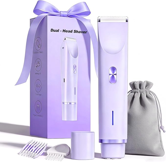 Bikini Trimmer for Women, 2-in-1 Painless Bikini Shaver with Ceramic Blade, Dual-Head Electric Shaver, Ipx7 Waterproof for Shower & Travel, Womens Electric Razor for Armpit Leg Body Facial, Purple