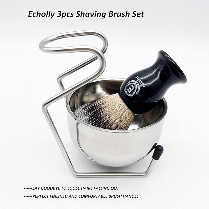 Men's Travel Shaving Brush Set-3pcs Wet Shave Kit with Synthetic Hair Brush, Stainless Bowl & Stand-Lightweight, Quick Dry, Easy to Carry by Echolly