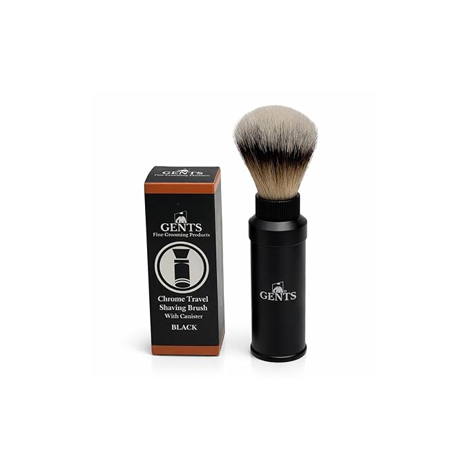 GENTS Travel Shaving Brush with Collapsible Canister – Synthetic Bristles, Compact Portable Wet Shaving Brush for Men, Chrome-Style Travel Grooming Brush for Home, Gym & Hotel Use (Black, 6 Inches)