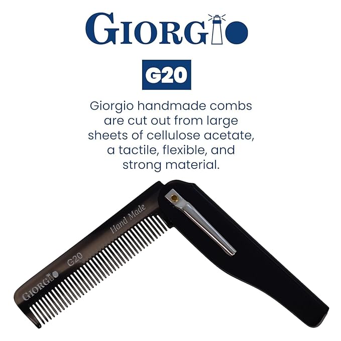 Giorgio G20 Fine Tooth Folding Mustache and Beard Comb - Small Pocket Comb for Everyday Hair Care and Styling - Sawcut and Hand Polished (Black Graphite)
