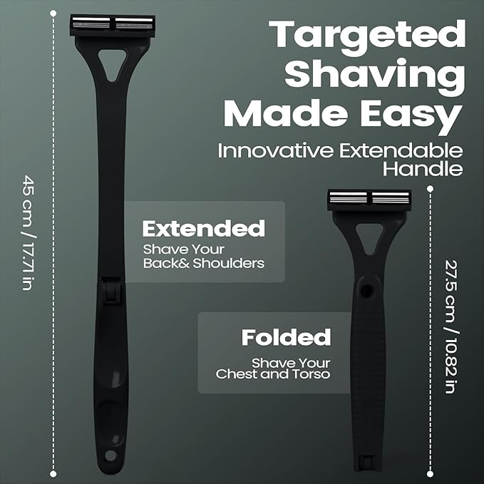 Back Shavers for Men with Foldable Long Ergonomic Handle: DIY Hair Shaver, Replaceable Safety Blade & Portable Razor Groomer for Men, Wet & Dry Shaving,Black (8PCS Blades Included)
