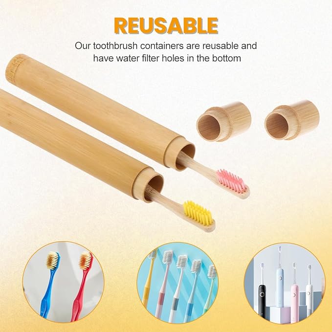 VASANA 2PCS Bamboo Toothbrush Case Portable Toothbrush Container Reusable Toothbrush Holder Personal Cleaning Tools Storage for Daily Use Traveling Camping(21CM)