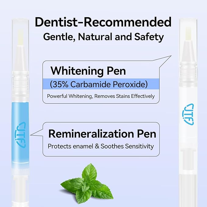 JTF Teeth Whitening Pen Kit: 35% Carbamide Peroxide Removes Stains from Coffee, Wine & Smoking, Safe for Sensitive Teeth & Gentle on Enamel - with 5 Whitening Pens and 1 Remineralization Gel, Mint