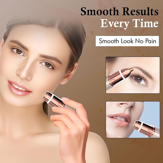 Eyebrow & Facial Trimmer: 2 in1 Rechargeable Facial Hair Removal & Eyebrow Shaver - Body Razor with Built-in LED Light (Rose Gold)