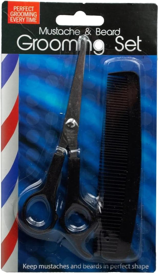 2 Pack Grooming Set, Includes Precision Stainless Steel Scissors and Sleek Black Comb for Mustache, Beard, Detangling, Styling, and Trimming Facial Hair with Ease, Ensuring a Clean, Black