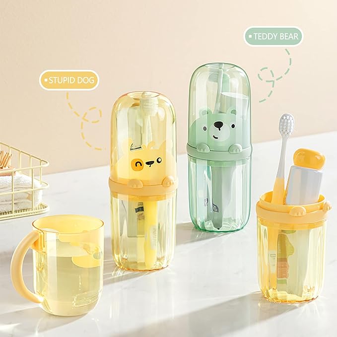 Cute Portable Toothbrush Holder Plastic Toothbrush Travel Case for Kids with Detachable Handle Multifuction Toothbrushes Toothpaste Storage Box Set for Camping Travel or Daily Use (Yellow)